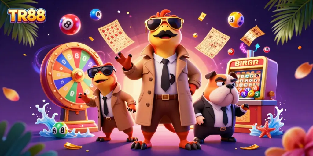Experience TR88’s casino fun with raptors in a trench coat at a VIP entrance surrounded by prizes.