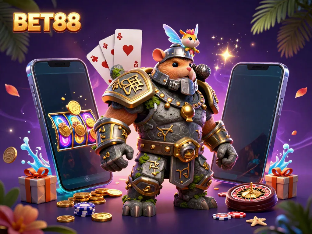 Experience the magic of BET88 with a lively scene capturing the fun of casino gaming featuring a golem, fairy, and hamster knight.