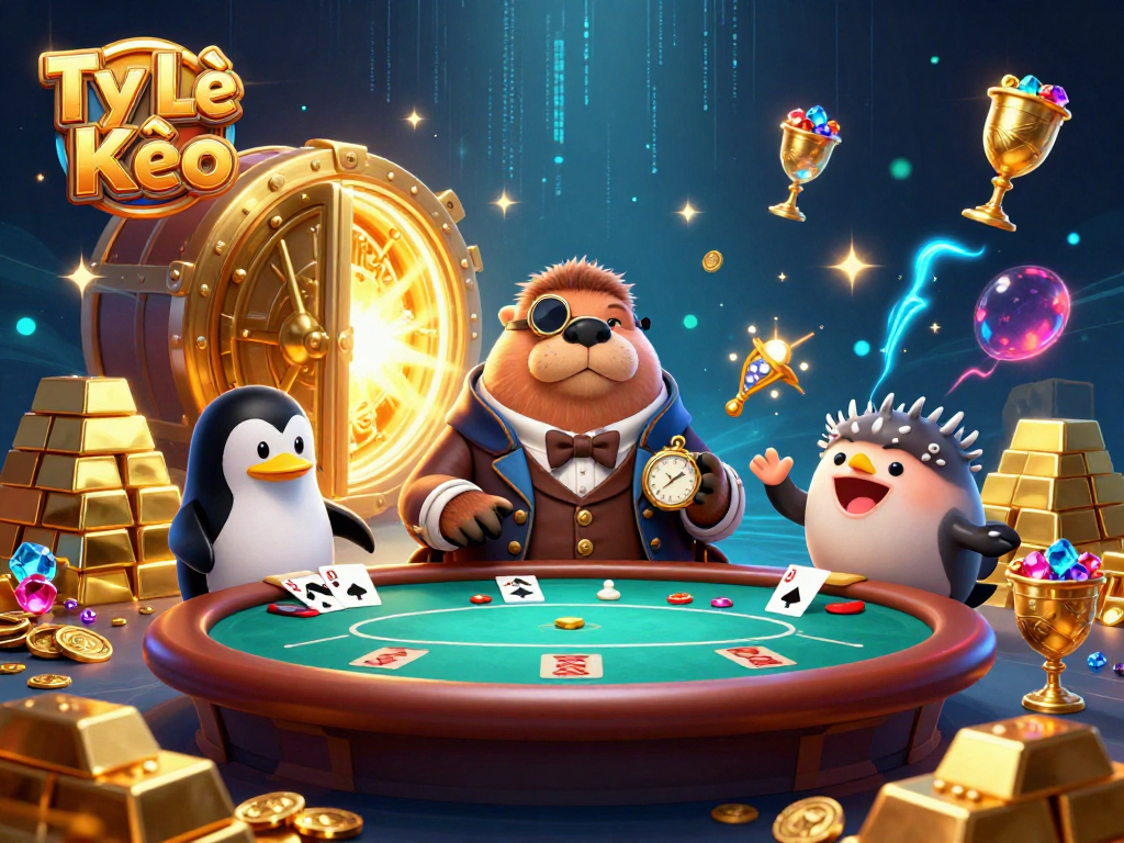 Experience thrilling Tỷ Lệ Kèo actions with a cheerful walrus and animated poker players immersed in an underwater casino.