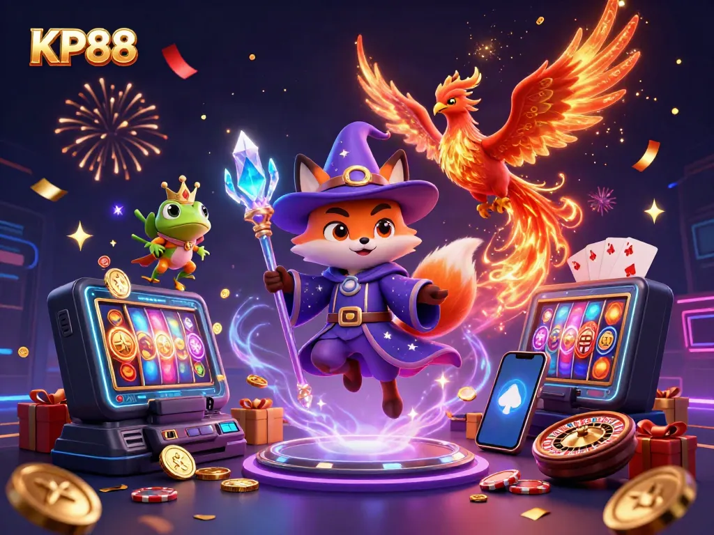 Experience the magical world of KP88 with a wizard fox and phoenix in an exciting casino setting.