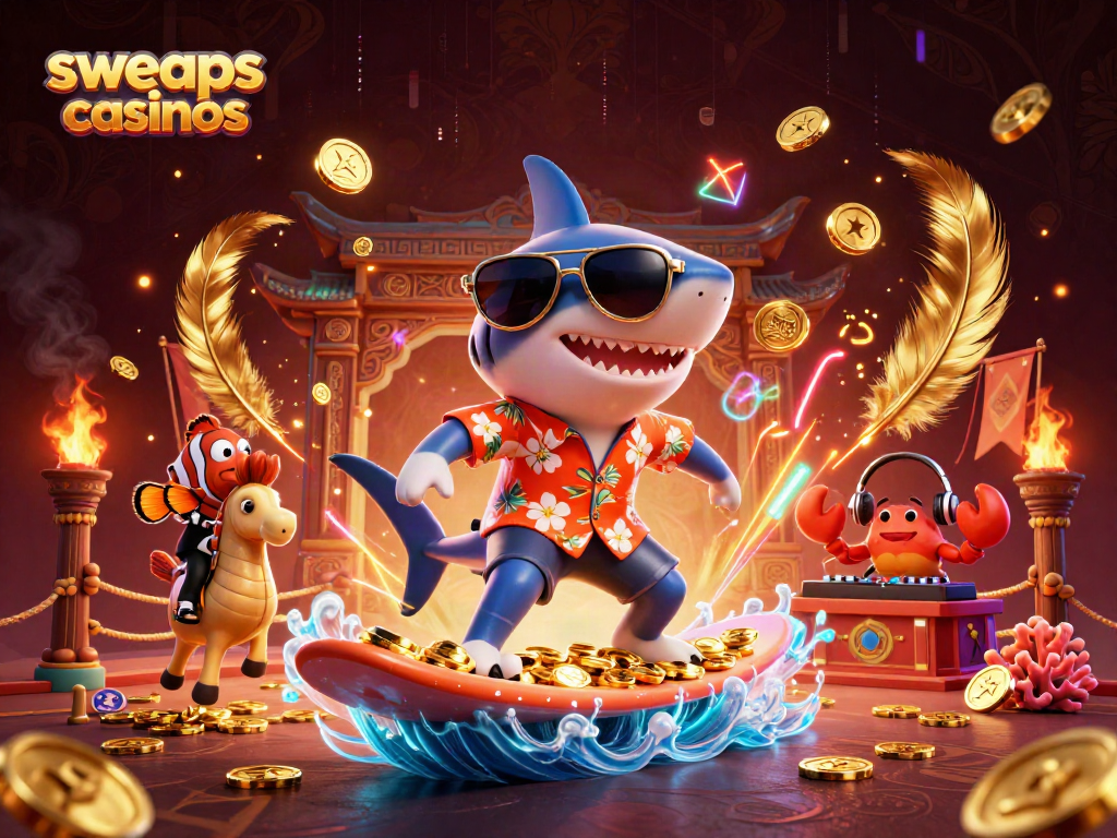 Sweeps casinos theme illustrated with a shark surfing gold coins and vibrant sea characters.