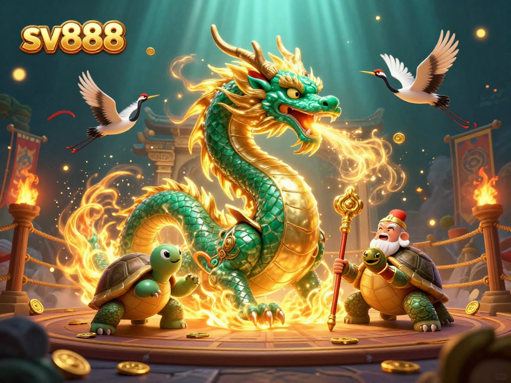 Experience the thrill of sv888 with a jade dragon and lucky cranes amid vibrant casino elements.
