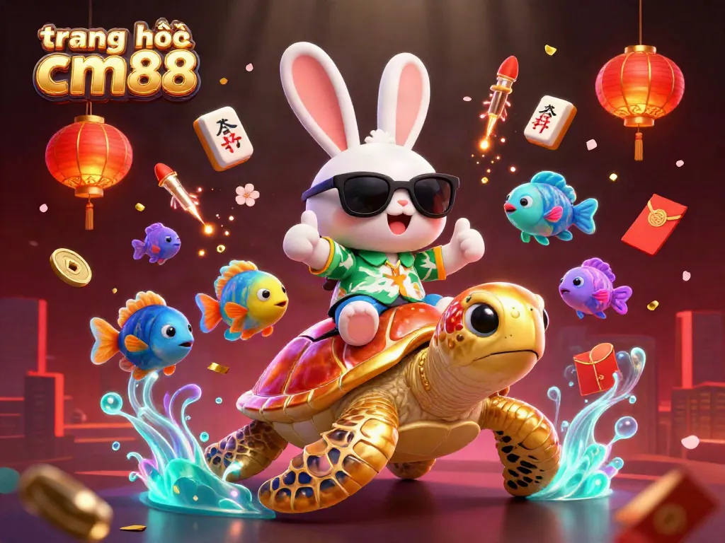 Experience fun at trang chủ cm88 with a lucky rabbit and golden turtle in a vibrant casino setting.