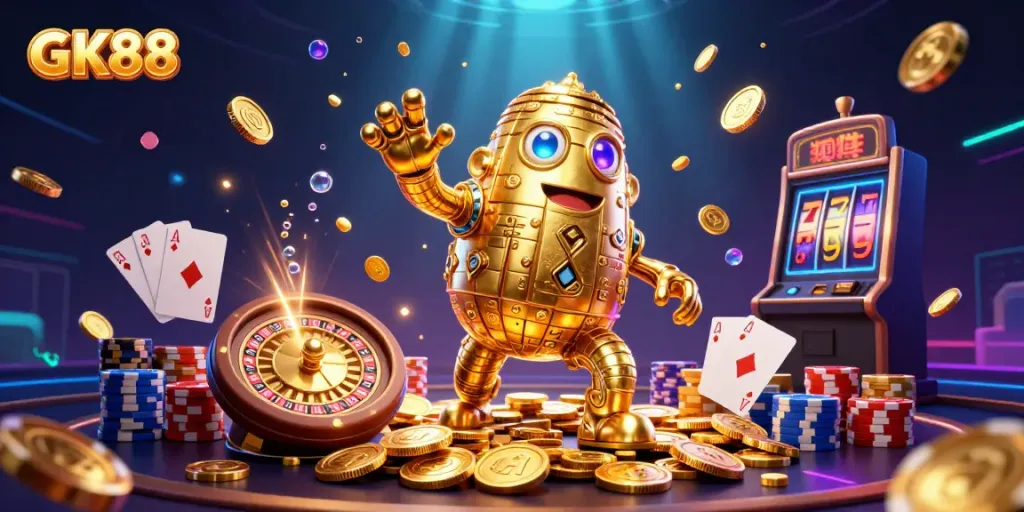 Experience the GK88 gaming thrill with golden golem and casino elements in vibrant 3D.