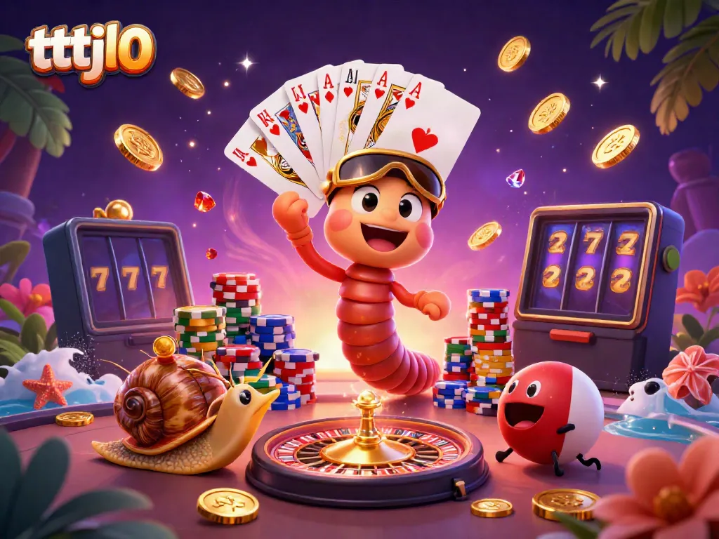 Experience the thrill of tttjl0 with a cartoon millipede dealer, colorful poker chips, and a vibrant casino scene.