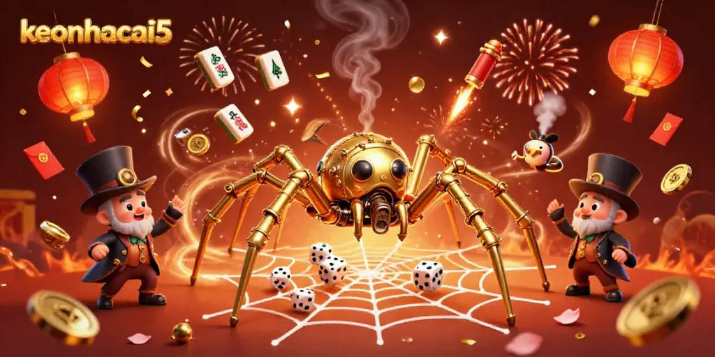 Engage with keonhacai5 through an enchanting illustration showcasing a golden spider capturing lucky dice amid festive elements.