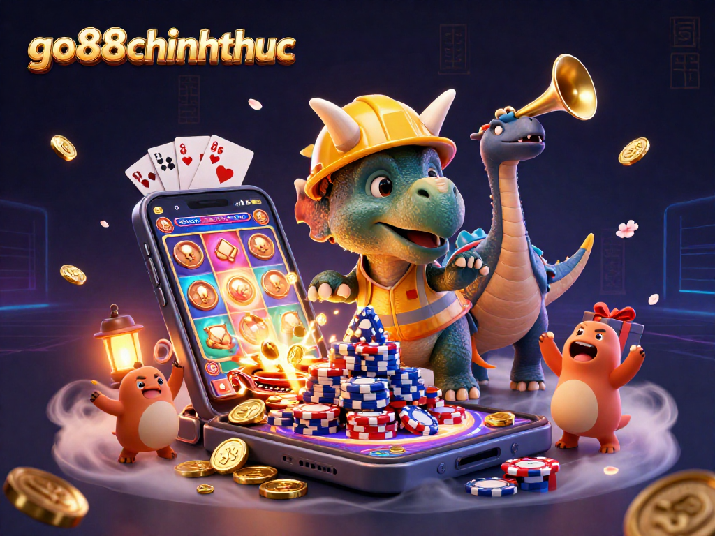 Join go88chinhthuc in an exciting casino illustration with a cheerful triceratops and thrilling gaming elements.