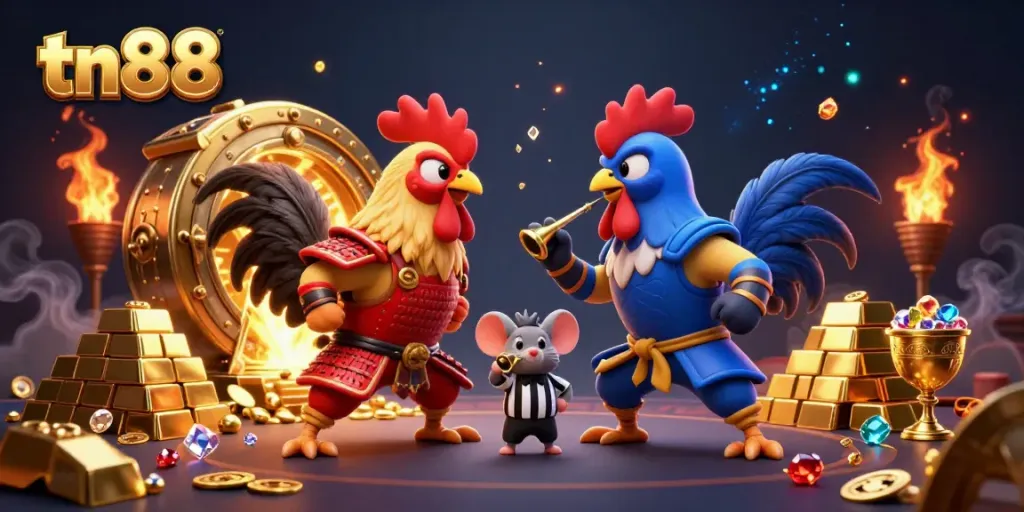 Engage with tn88's thrilling gambling scene featuring cartoon roosters in epic combat.