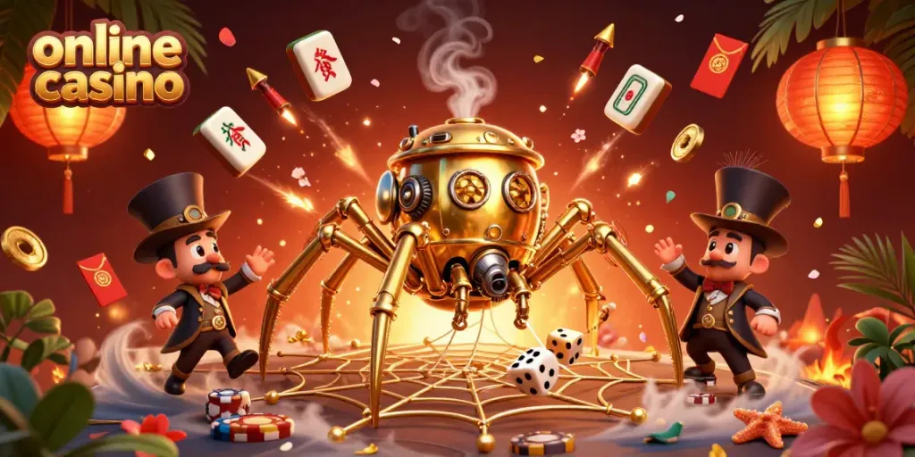 Experience thrilling online casino action with a steampunk spider and poker-themed elements.