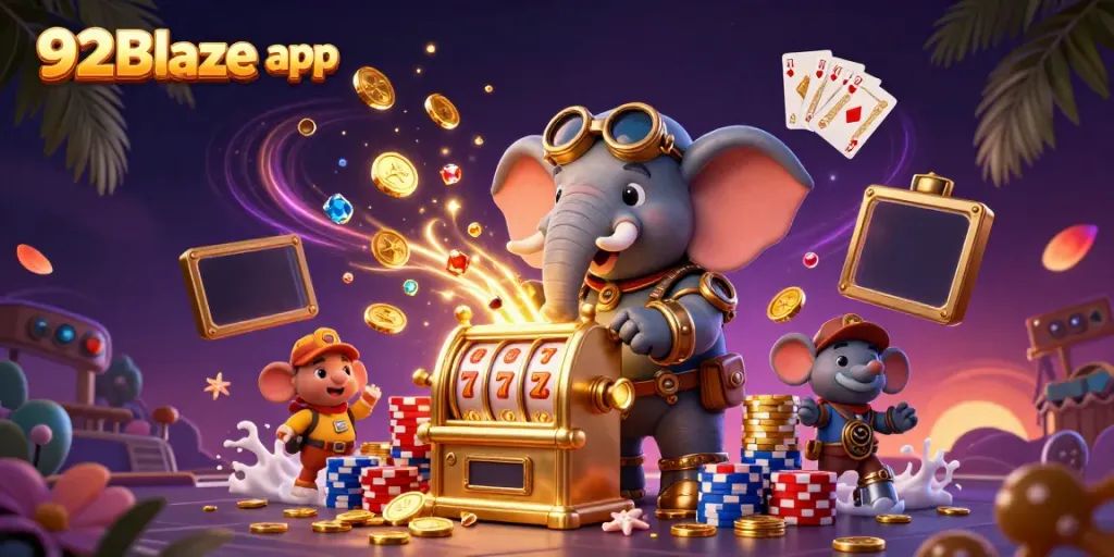 Experience the thrill of the 92Blaze app with vibrant gambling elements and engaging characters.