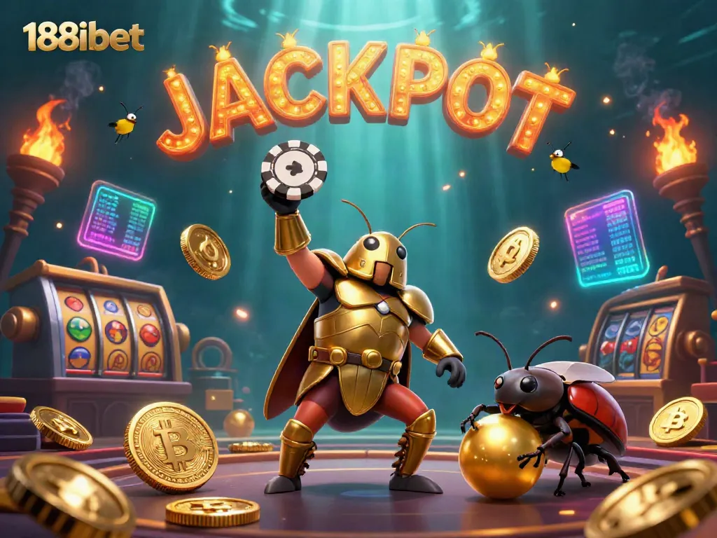 Experience the thrill of 188ibet with a victorious beetle in a dynamic casino scene featuring classic slot elements.