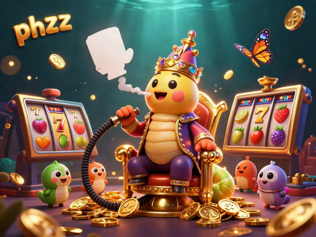 Experience lively casino action with phzzz's vibrant 3D illustration featuring a golden caterpillar and slot symbols.