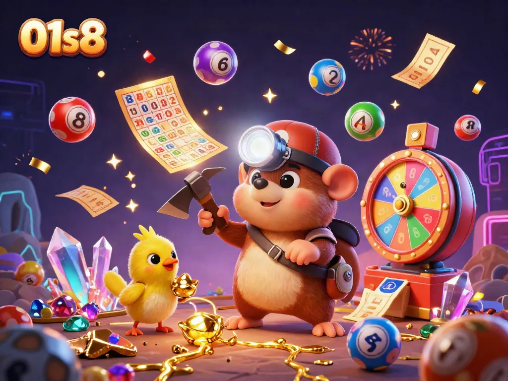 Engage with the thrill of 01s8, featuring a treasure hunter mole in a vibrant gambling scene full of colorful lottery elements.