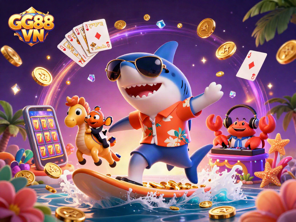 Experience GG88 VN's thrilling gameplay with a dynamic casino scene showcasing undersea characters and vibrant elements.