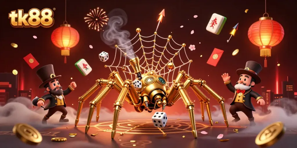 Engage with tk88 through a vibrant scene of steampunk characters entwined in a casino-themed web.