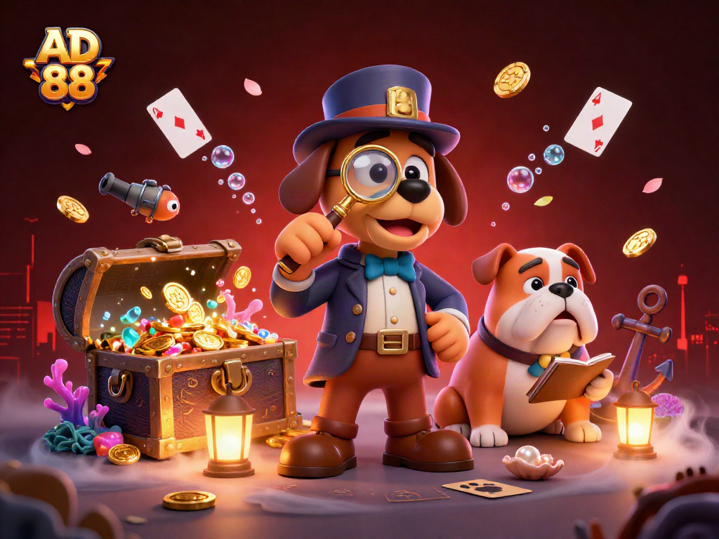 Join AD 88 as a cartoon detective uncovers treasure amidst vibrant casino elements.