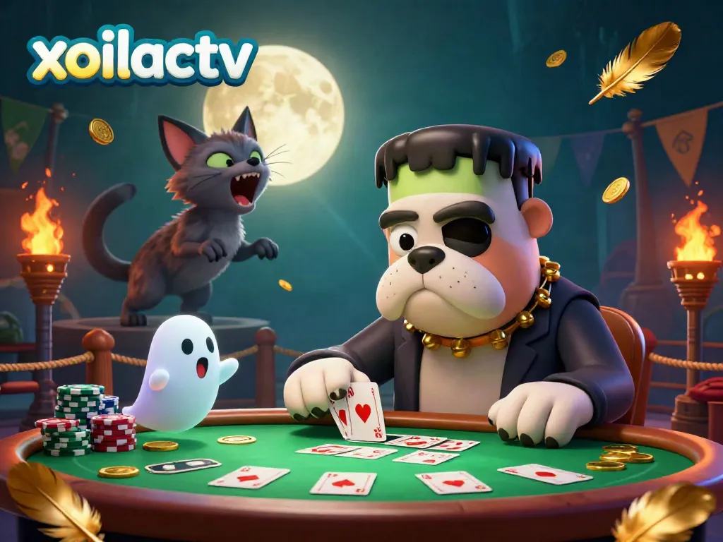 Xoilactv brings thrilling poker excitement with a cartoon bulldog dealer at a spooky table surrounded by swirling particles.