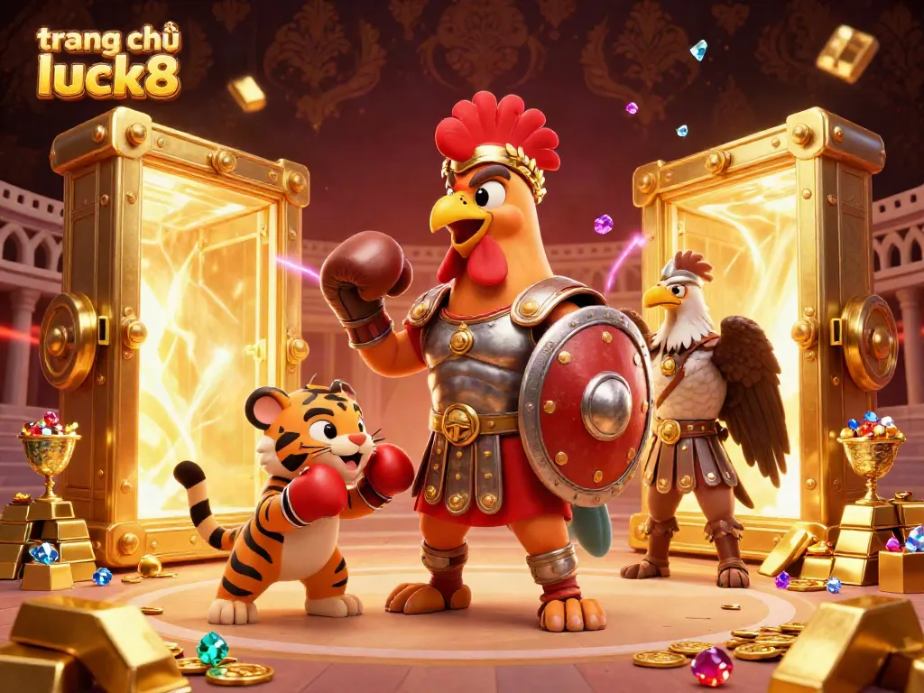 Engage with the thrilling scene of trang chủ luck8 featuring a gladiator rooster and treasure in a vibrant 3D casino.
