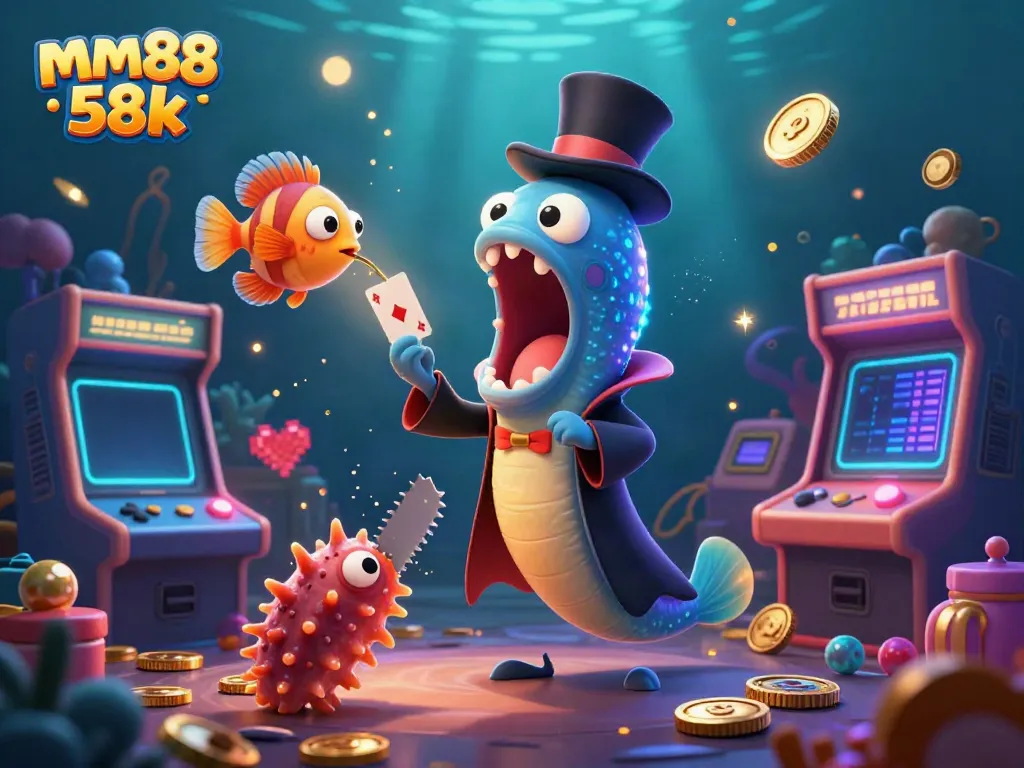 Perform magic tricks with mm88 58k in an underwater casino scene featuring a gulper eel and anglerfish.