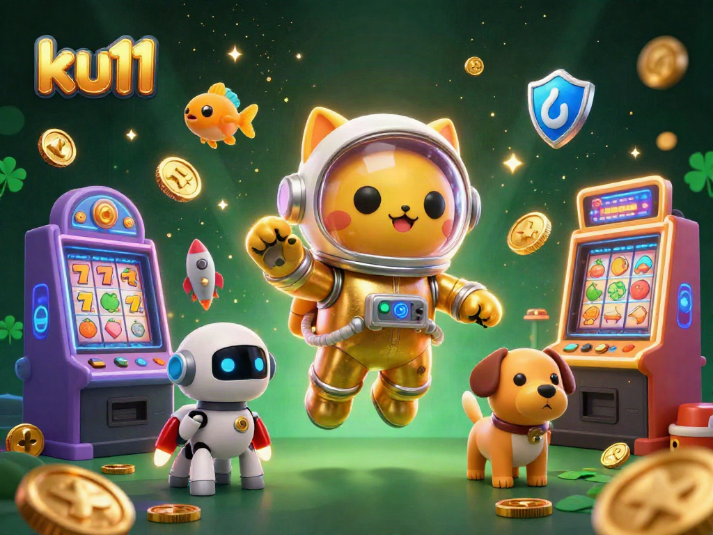 Spin the reels with ku11 in a vibrant 3D casino scene featuring a golden astronaut cat.