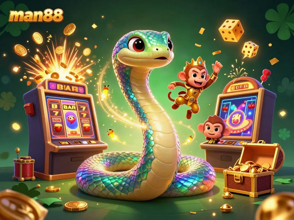 Experience thrilling jackpots with man88's dynamic 3D casino game visual, showcasing vibrant colors and engaging characters.