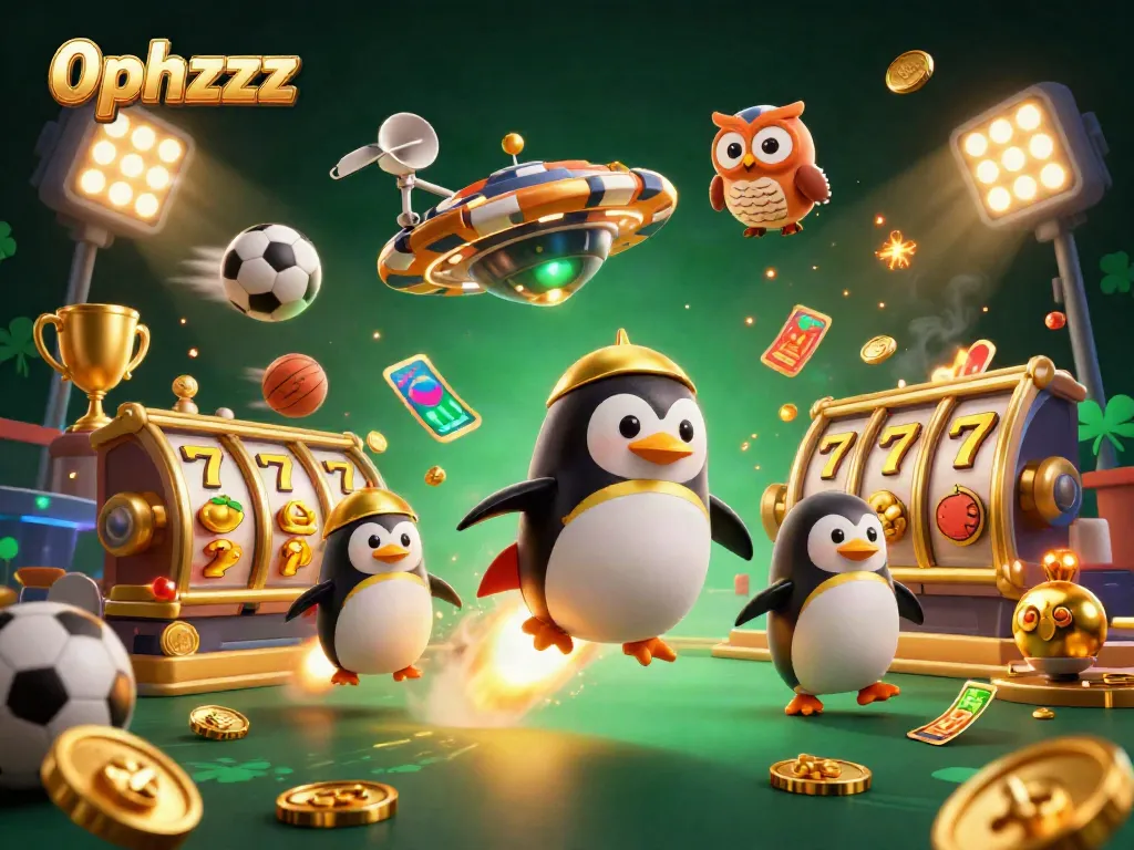 Engage in the thrilling world of 0phzzz with a golden penguin and casino elements in action.