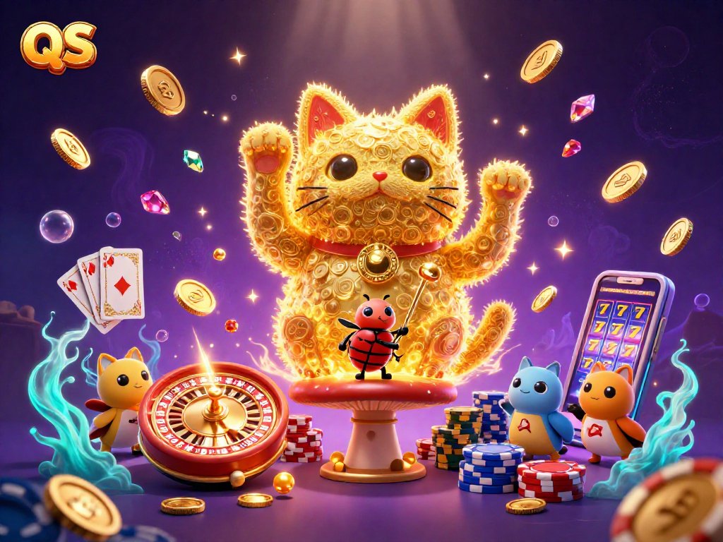Experience the thrill of QS 88 with a 3D illustration of a lucky cat and rolling casino symbols.