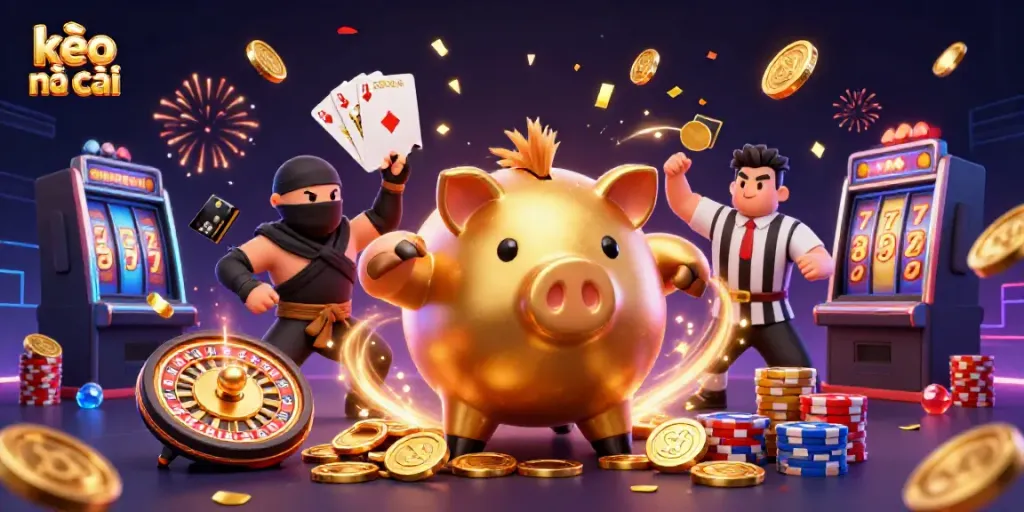 Engage with kèo nhà cái through an energetic 3D scene of a golden piggy bank sumo wrestler and a ninja.
