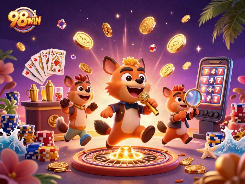 Experience gaming excitement at 98WIN with lively hyenas performing in a vibrant casino club scene.