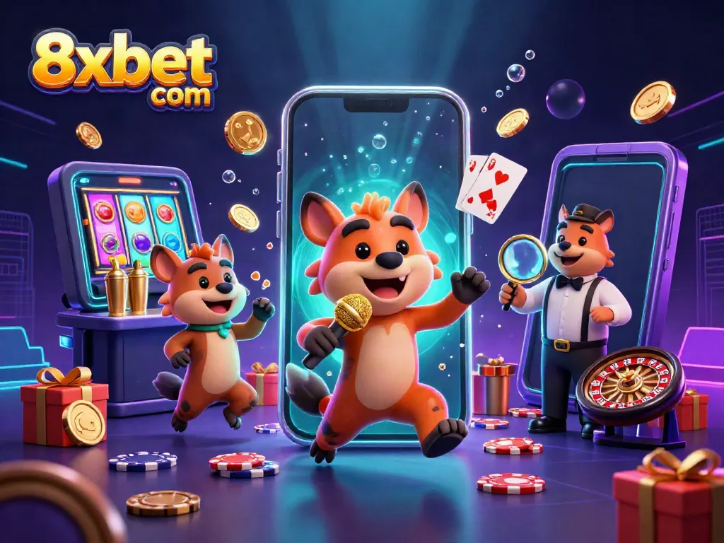 Laugh and win at 8xbet com in a vibrant casino scene filled with slots, cards, and joy.