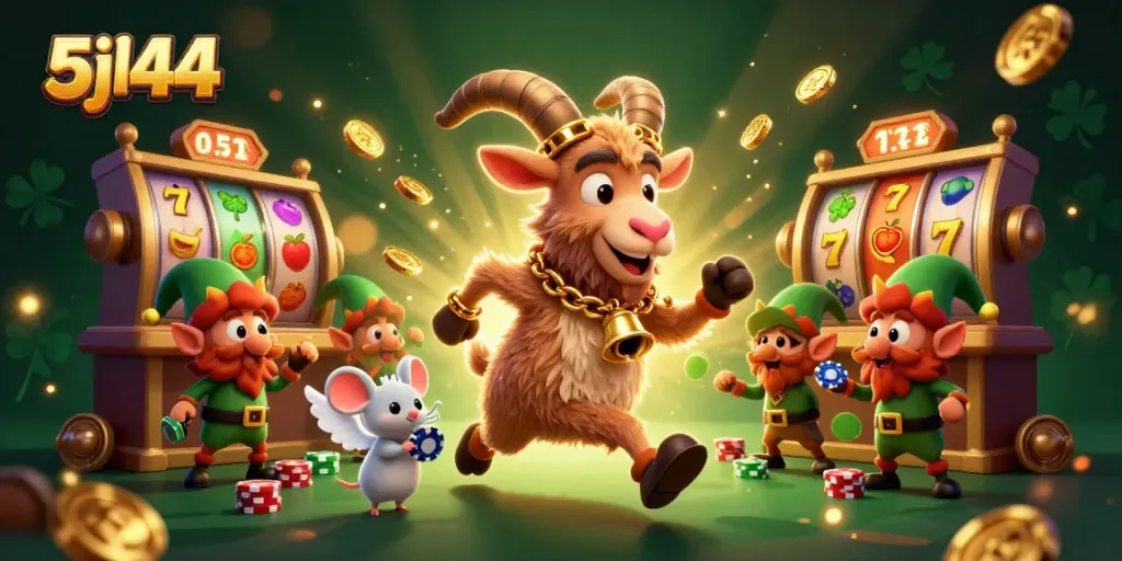 5jl44 showcases a festive Krampus goat in a holiday-horror casino scene, complete with slot reels and playful characters.