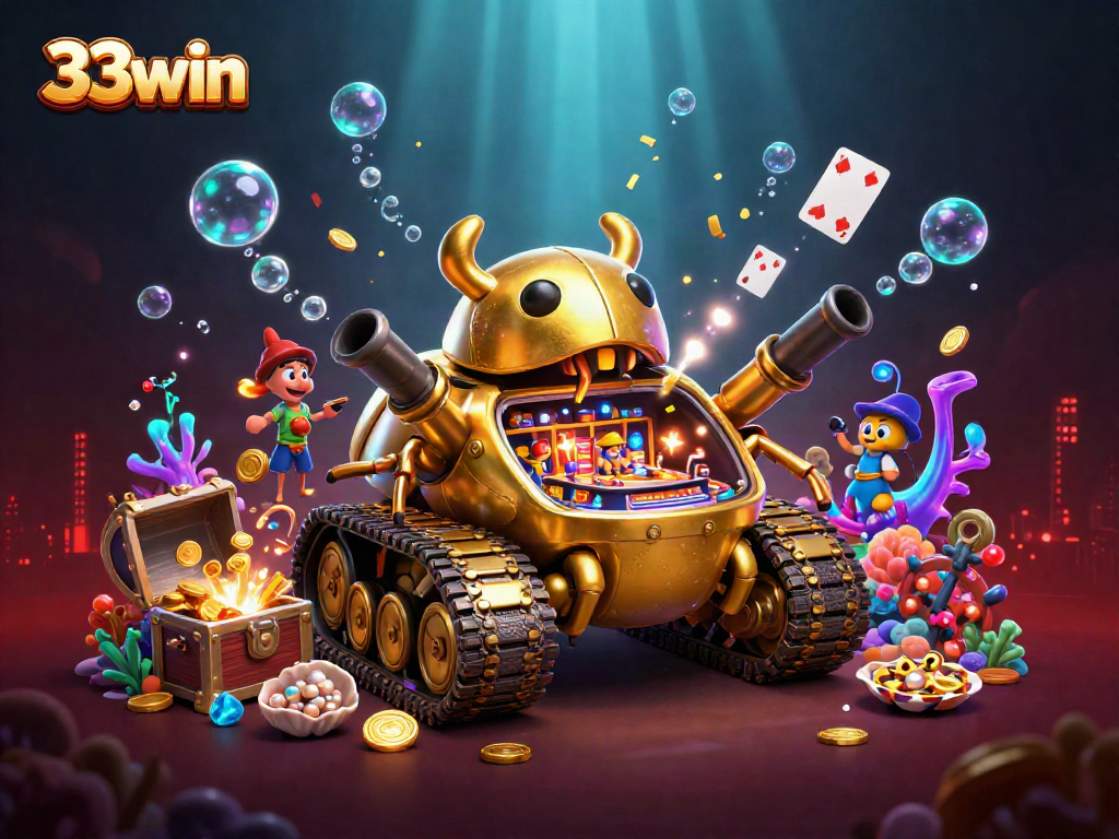 Experience the excitement of 33win with a vibrant underwater casino illustration filled with treasures.