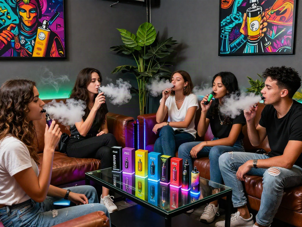 Friends enjoying raz vape products in a stylish lounge with vibrant ambiance.