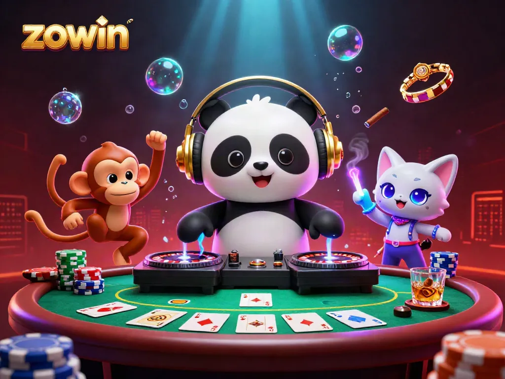 Experience thrilling gaming action at Zowin with colorful characters and casino elements featuring a lively DJ panda.
