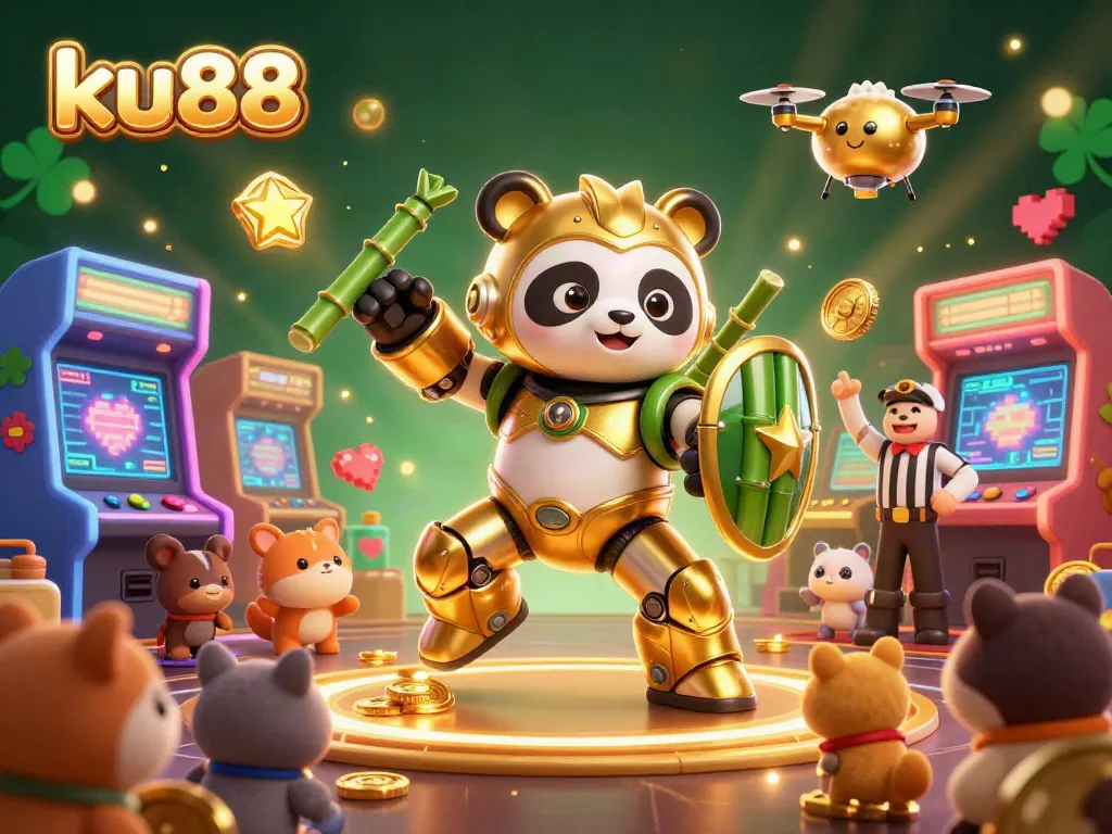 Experience the excitement of ku88 with a dynamic casino illustration featuring a golden panda mech-suit in action.