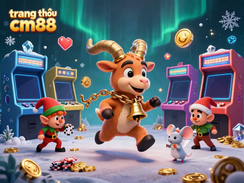 Experience festive chaos at trang chủ cm88 with Krampus, angel mouse, and gremlins in a vibrant casino scene.
