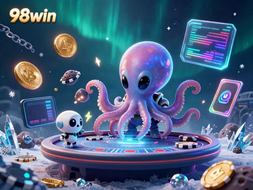 Engage in thrilling gameplay at 98win with an alien octopus managing poker amidst asteroids.