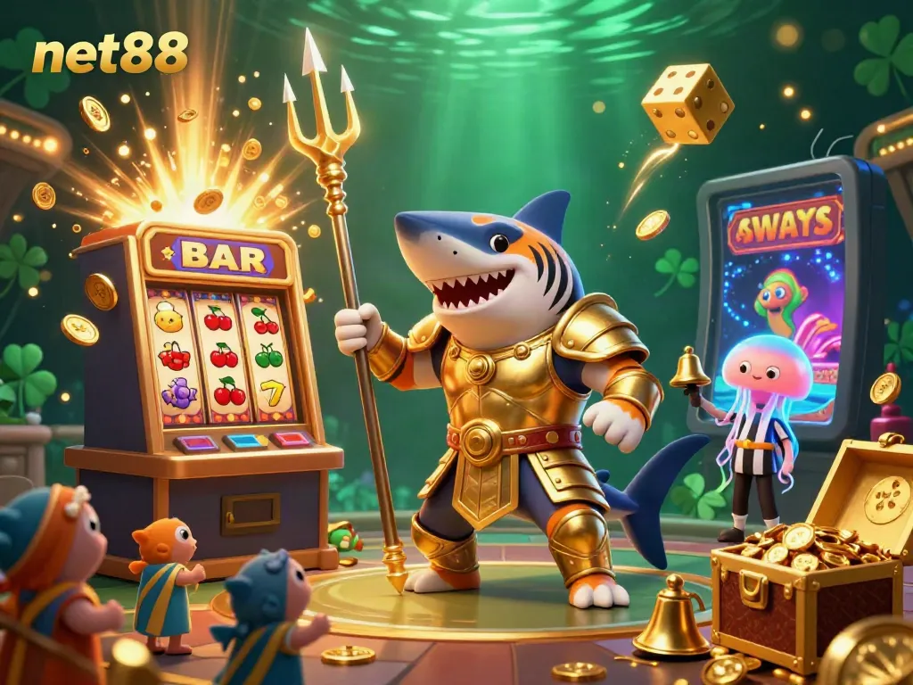 Experience thrilling gameplay with net88's vibrant online casino scene featuring a tiger shark and jackpot explosion.