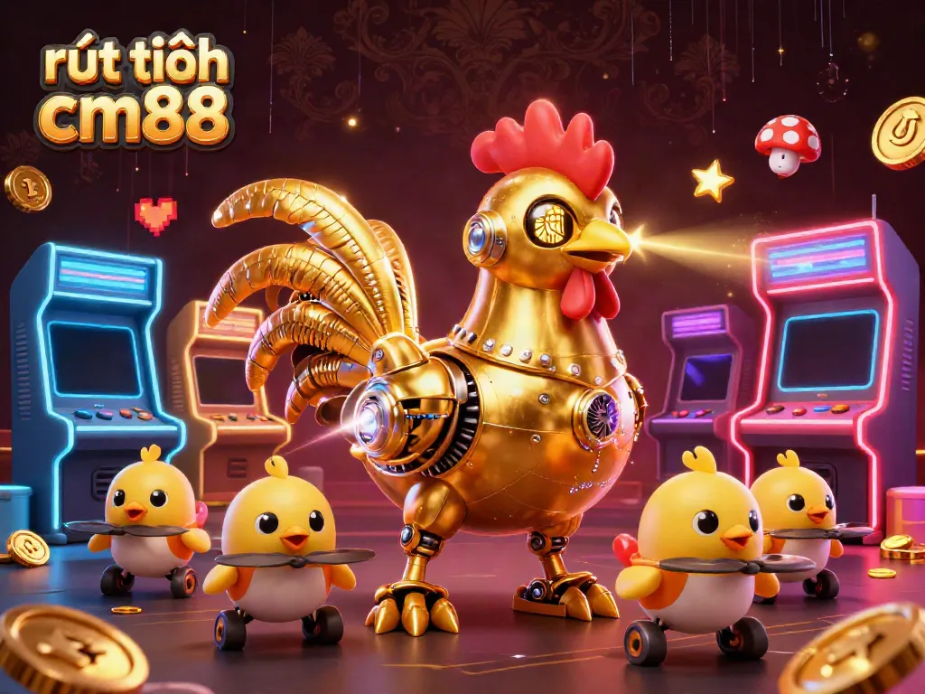 Experience rút tiền cm88 with a vibrant, immersive 3D scene featuring a golden rooster robot and colorful arcade machines.