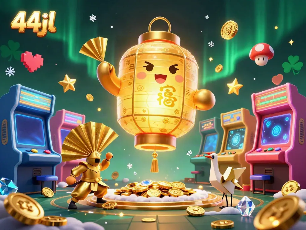 Engage in thrilling games at 44jl featuring golden spirits, arcade machines, and vibrant casino elements.