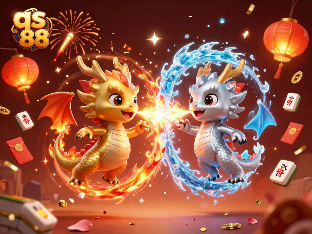 Engage with qs 88's vibrant gaming scene featuring golden and silver dragons in a dynamic casino illustration.