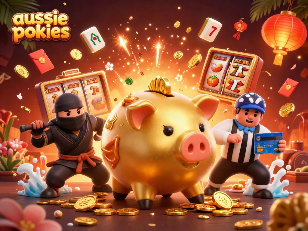 Join the fun with aussie pokies featuring a golden piggy bank stomping, surrounded by vibrant casino elements.