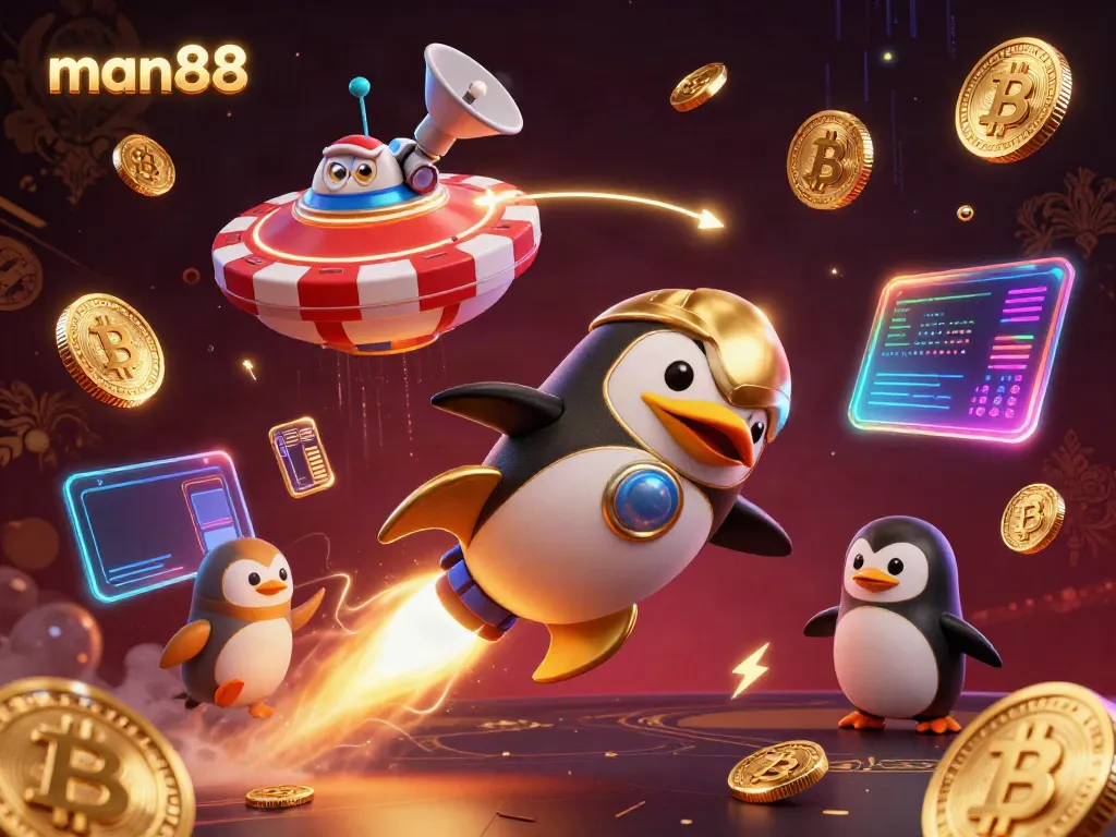Experience winning with man88 in a vibrant 3D casino scene featuring golden penguins and crypto assets.