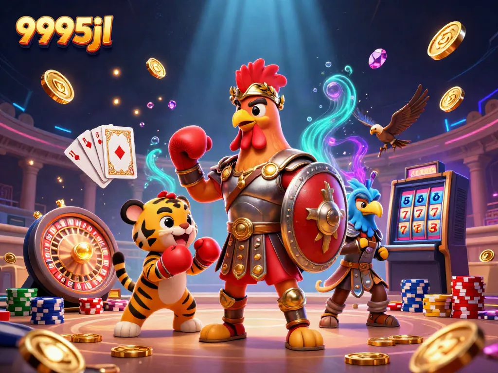 Experience thrilling gaming adventures with 9995jl, featuring an epic 3D gladiator rooster and vibrant casino elements.