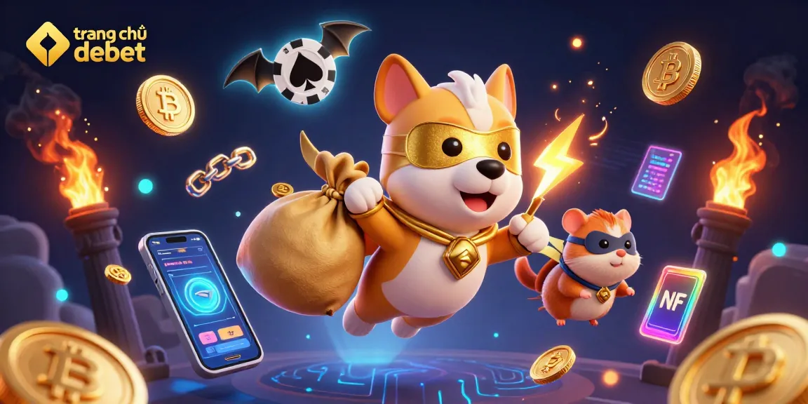 Engage with trang chủ debet through a dynamic 3D illustration featuring a superhero dog and hamster promoting crypto and casino excitement.