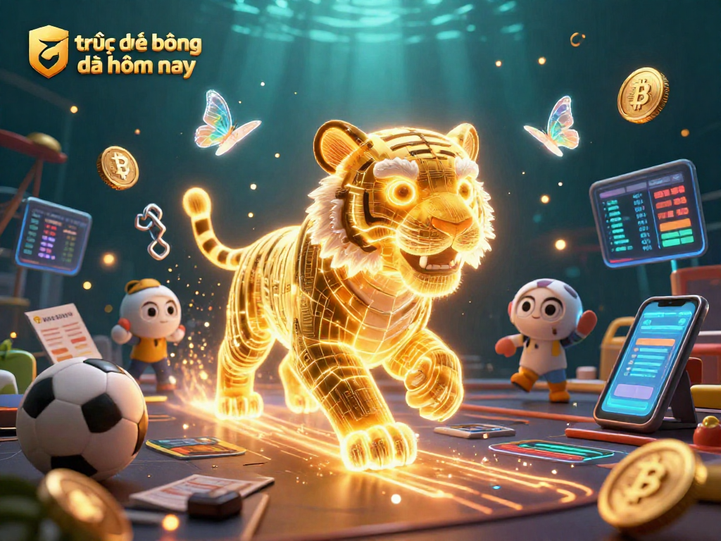 Experience the excitement of trực tiếp bóng đá hôm nay with our dynamic digital illustration featuring a golden tiger and sports elements.