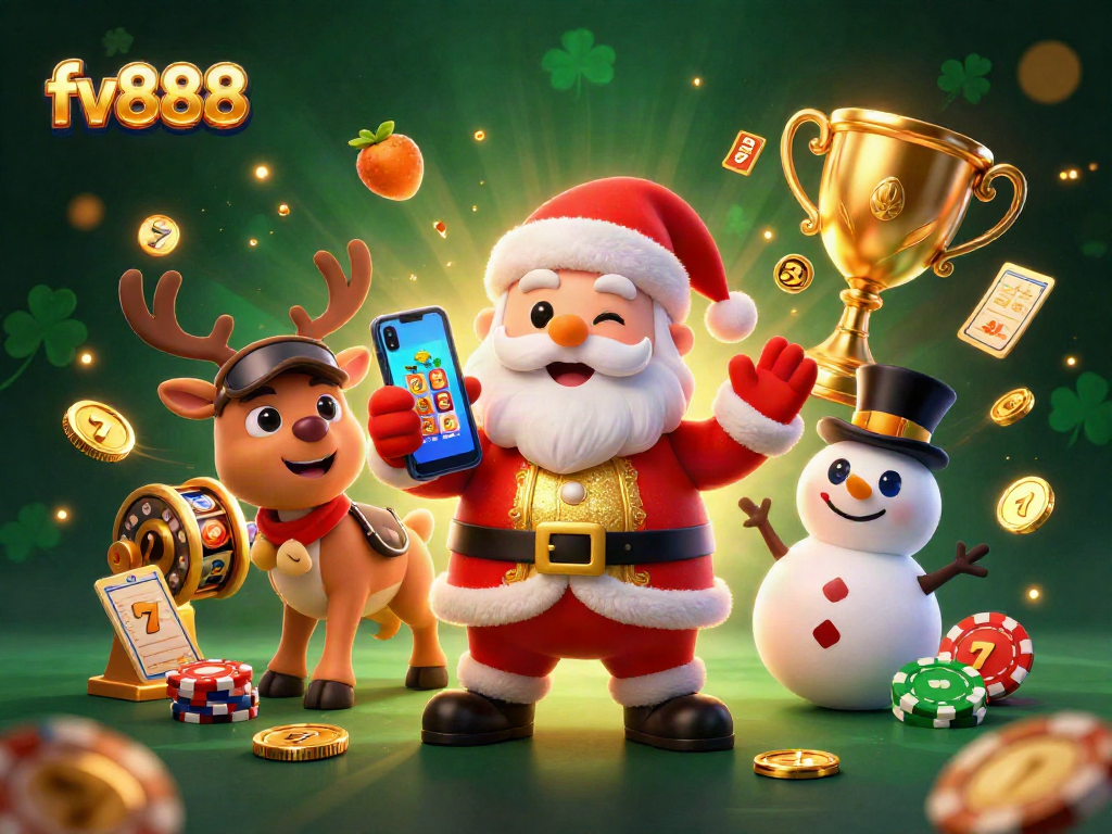 Experience thrilling slots with fv888 showcasing Santa Claus and vibrant casino symbols.