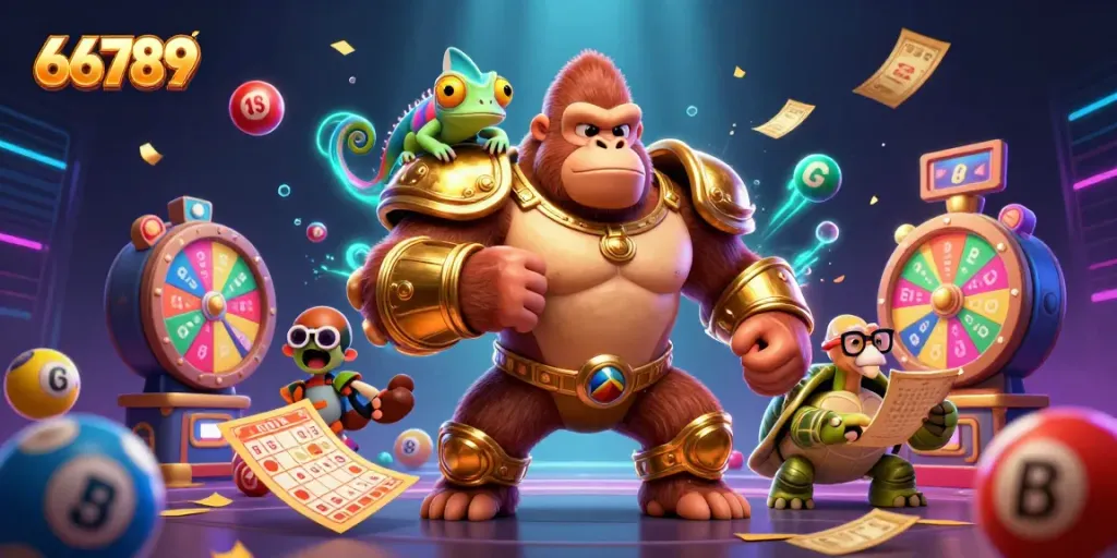 Experience the excitement of 66789 with vibrant lottery balls, golden tickets, and engaging characters in a thrilling casino scene.