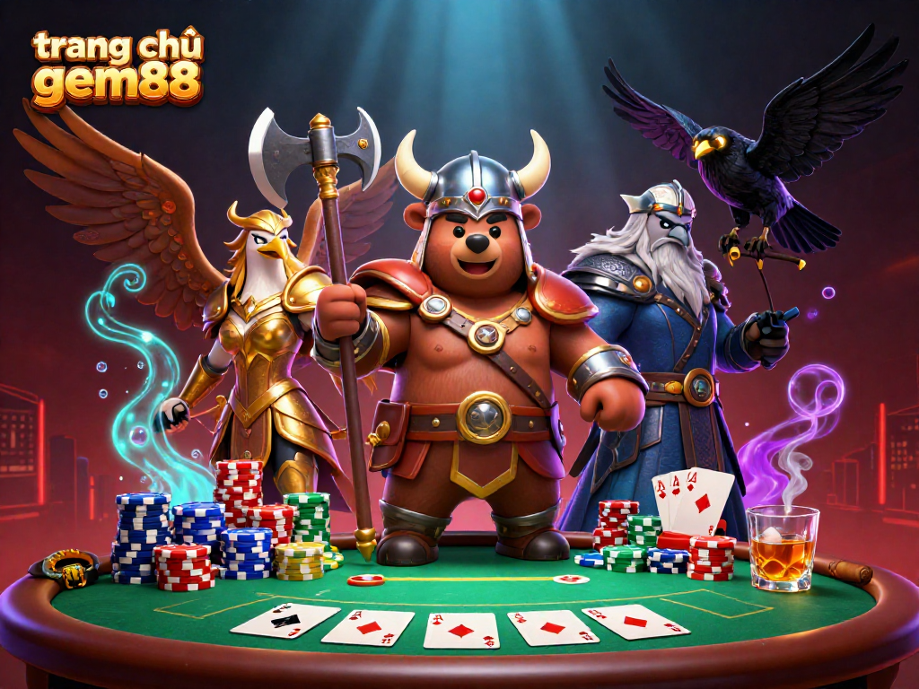 Engage with the exciting world of trang chủ gem88 featuring epic Viking characters at a lively poker table.