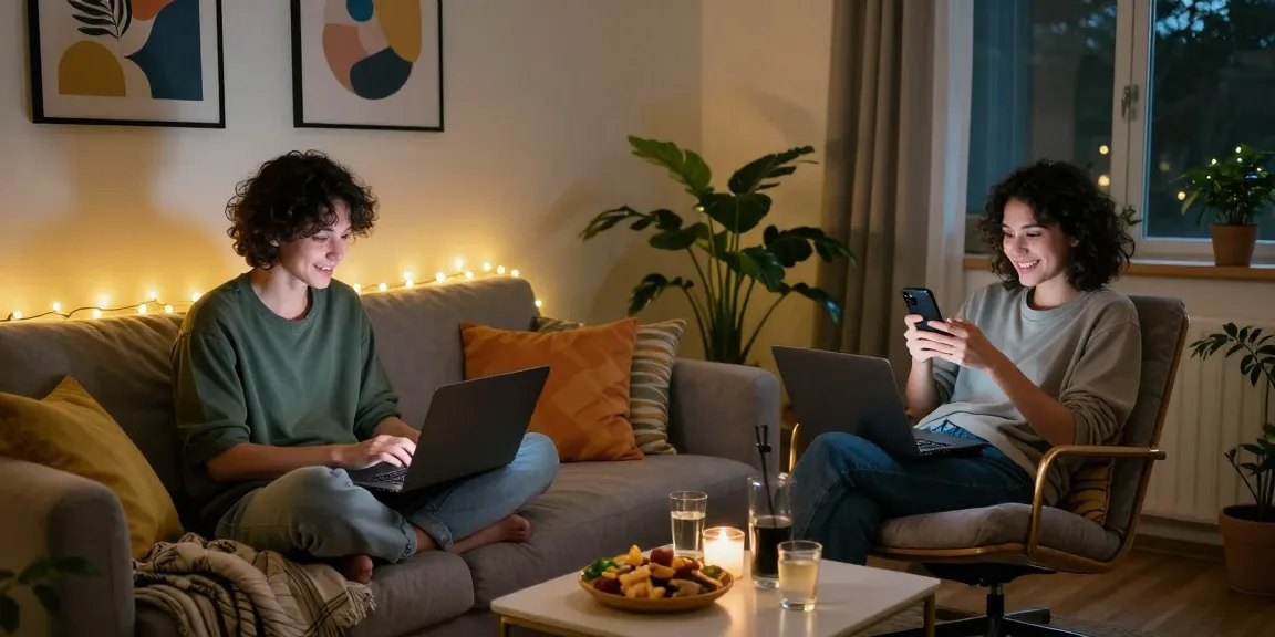 Young adults enjoying a lively sex chat session in a cozy apartment atmosphere.